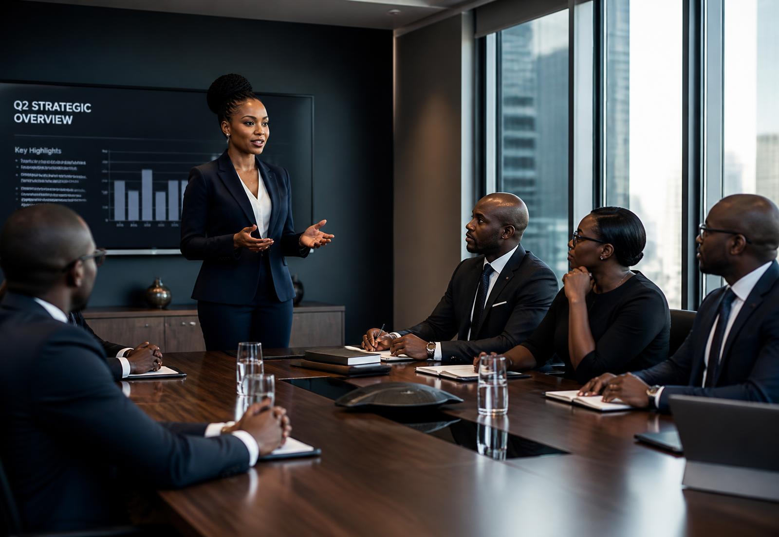 Executive leadership team in a boardroom strategy discussion